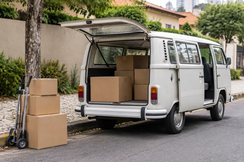 Kombi branca da frota Locatruck com as portas traseira e lateral abertas, a receber caixas de papelão na rua