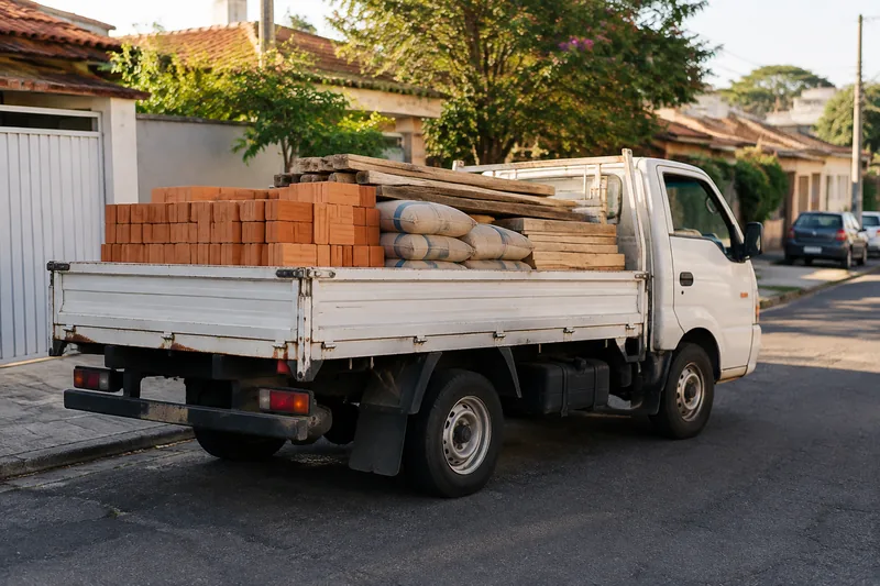 Caminhão leve com carroceria aberta carregada de material de construção, em rua de bairro de São Paulo