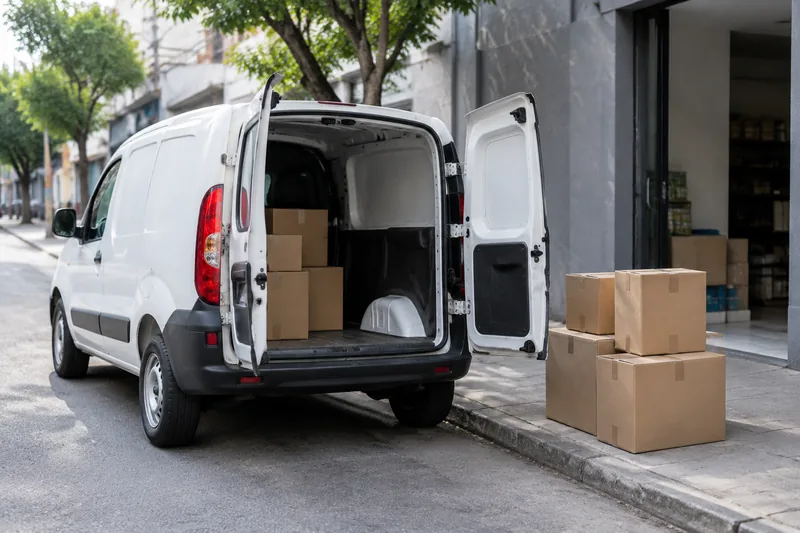 Furgão branco com as portas traseiras abertas, a carregar caixas de papelão à porta de uma loja