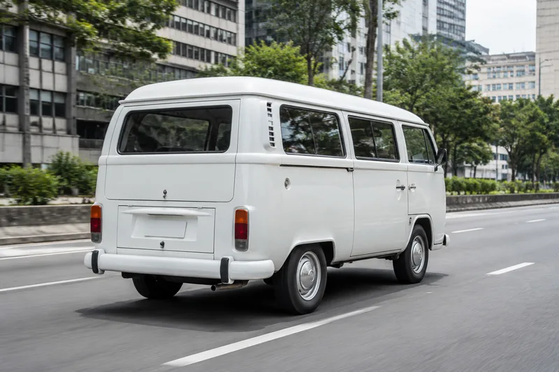 Kombi branca em deslocamento numa avenida de São Paulo, vista de três quartos traseira