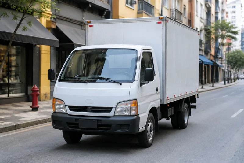 Kia Bongo baú branco com carroceria fechada, em rua estreita do centro de São Paulo