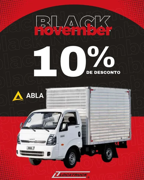 Cartaz do Black November da Locatruck: 10% de desconto, com um caminhão Bongo branco de carroceria de baú e o selo da ABLA