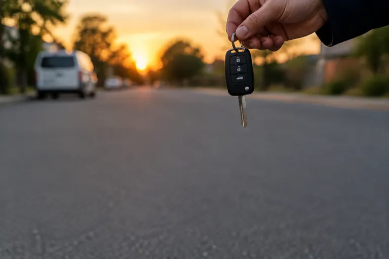 Mão com a chave do veículo em primeiro plano e a van branca desfocada ao fundo